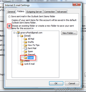 Stel SEND Mail-map in voor iMAP-account in Outlook 2007:: Kies Prullenbak