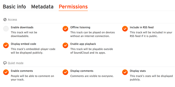 Controleer het tabblad Machtigingen om er zeker van te zijn dat uw audiobestand is opgenomen in uw SoundCloud RSS-feed.