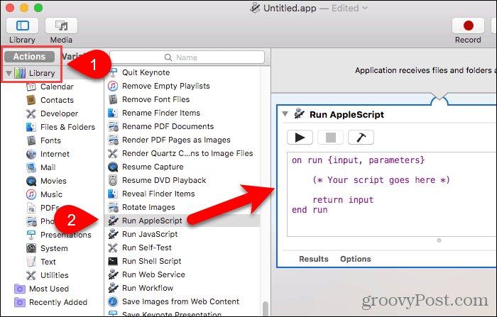 Sleep AppleScript uitvoeren naar werkstroompaneel in Automator