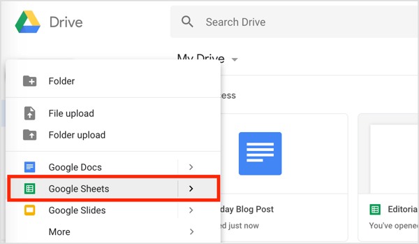 Klik op de knop Nieuw aan de linkerkant en kies Google Spreadsheets in het vervolgkeuzemenu.