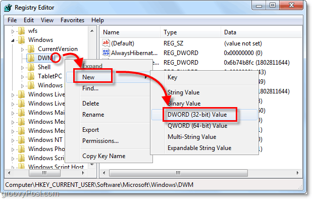 maak een nieuwe dwm dword-sleutel in Windows 7