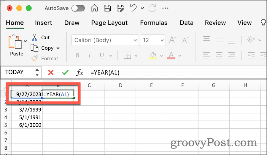 De JAAR-functie gebruiken om het jaar uit een datum in Excel te extraheren