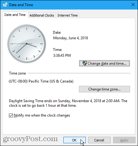 Dialoogvenster Datum en tijd in Windows