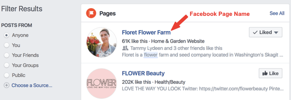Voorbeeld van de Facebook-pagina met de naam Floret Flower Farm in zoekresultaten.