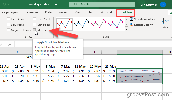 Toon markeringen op sparklines in Excel