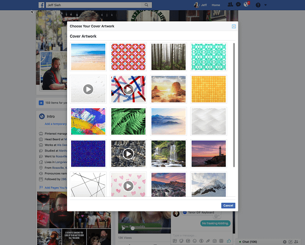 Facebook stelt gebruikers nu in staat om een ​​video te selecteren voor een profielomslagafbeelding uit de Artwork-bibliotheek. 