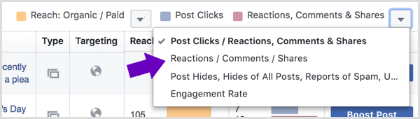 Klik op de pijl naast Reacties, opmerkingen en gedeelde items in je Facebook-pagina Insights.