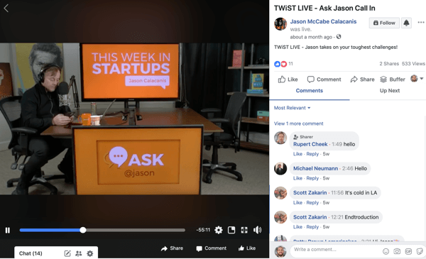 Gebruik een workflow in zes stappen om video te maken voor meerdere platforms, bijvoorbeeld een live stream Facebook-video van Jason McCabe Calacanis