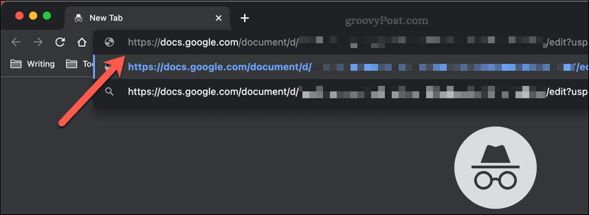 Een link voor delen van Google Documenten plakken in een adresbalk van een incognitovenster van Google Chrome