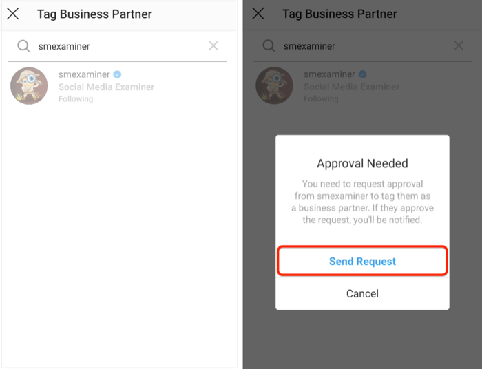 stuur een verzoek om goedkeuring naar de zakenpartner op Instagram