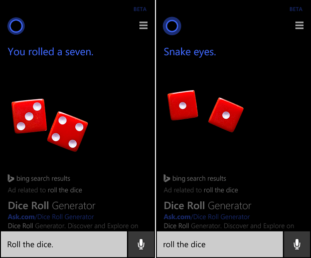 Gooi een munt of gooi de dobbelstenen met Cortana op Windows Phone 8.1