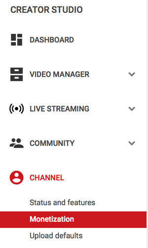menuoptie voor het genereren van inkomsten onder kanaal op youtube