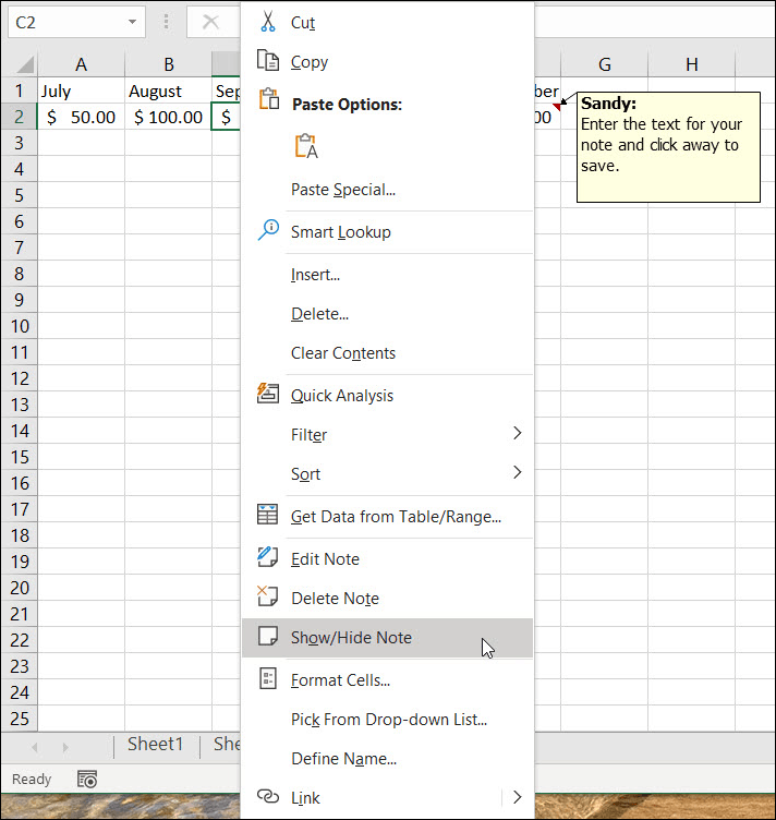 Toon of verberg notities in Excel