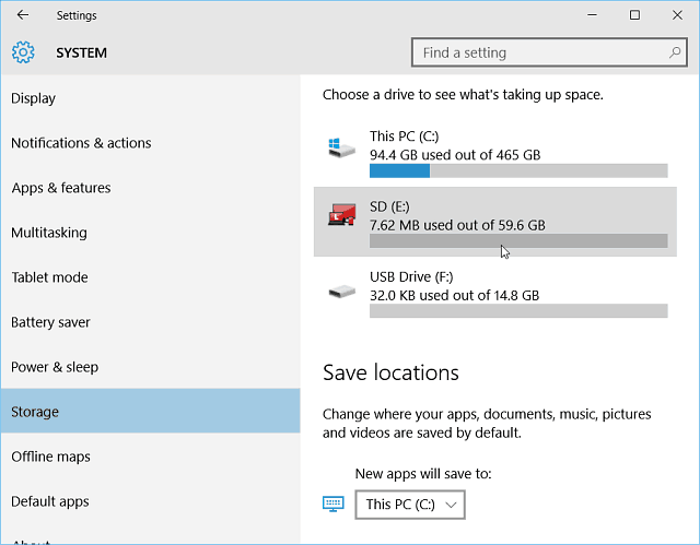 Instellingen Opslag Windows 10