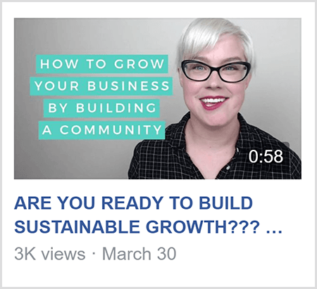 Om les te geven in een Facebook-groep, deelt Caitlin Bacher een video zoals deze video met de tekst How To Grow Uw bedrijf door een gemeenschap op te bouwen en een beeld van Caitlin vanaf de schouders naar boven en naar de camera.