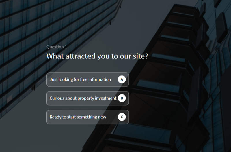 voorbeeld van een website-quiz die wordt gebruikt om leads te kwalificeren op de site van een vastgoedbeleggingsbedrijf