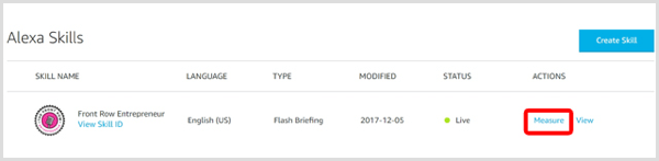Klik op de koppeling Meten om uw Alexa-vaardigheidsanalyses te bekijken.