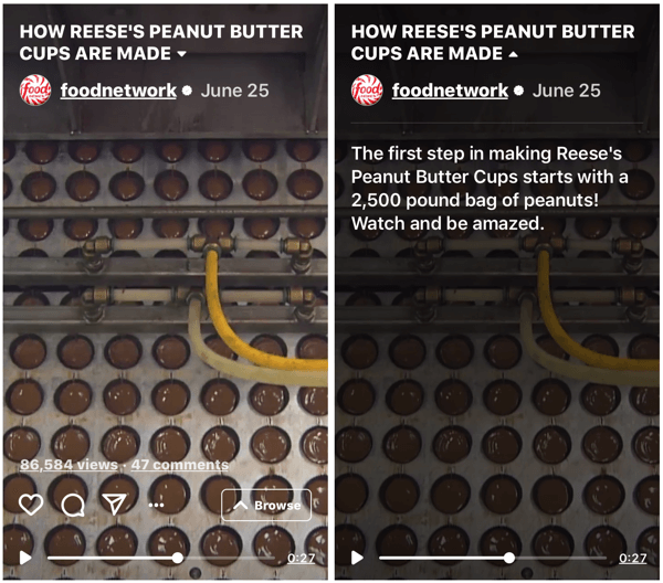Voorbeeld van de IGTV-show van Food Network die laat zien hoe Reese's Peanut Butter Cups worden gemaakt.