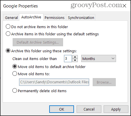 Instellingen voor automatisch archiveren voor een map
