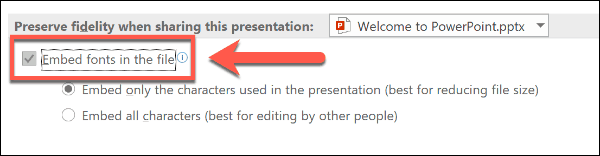 Lettertypenoptie insluiten in PowerPoint