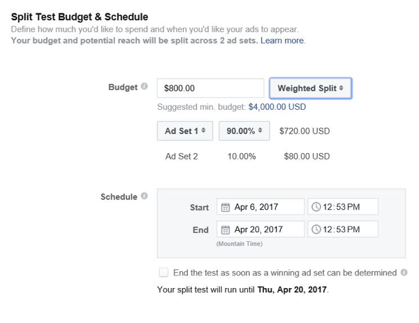 Met Facebook kunt u bepalen hoeveel budget u aan elke advertentieset wilt toewijzen.