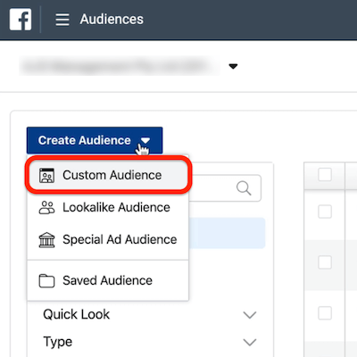 screenshot van de optie Custom Audience, rood omcirkeld in het vervolgkeuzemenu Create Audience in Ads Manager