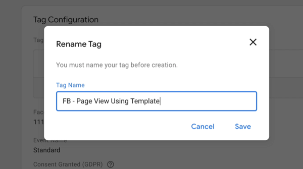 nieuwe google tag manager nieuwe tag met hernoem tag menu-opties met de nieuwe tag naam ingevoerd als 'fb - paginaweergave met sjabloon'
