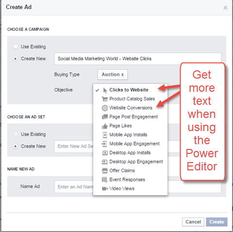 advertentie-opties in power editor
