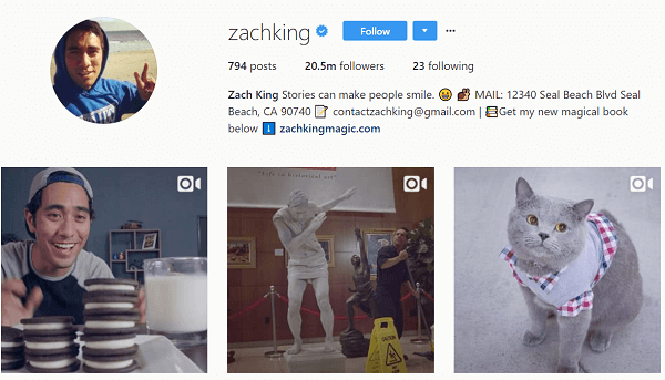 Hoewel hij aanvankelijk Instagram gebruikte om zijn Vines opnieuw te posten, begon Zach al snel met het maken van originele Instagram-inhoud.