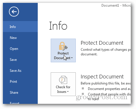 Office 2013-documenten met een wachtwoord beveiligen en versleutelen: Klik op Document beveiligen