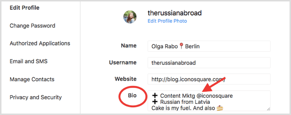 Bio-veld in het gedeelte Profiel bewerken voor Instagram-profiel