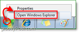 om de verkenner van Windows 7 te openen, klik met de rechtermuisknop op de startbol en klik op Windows Verkenner openen