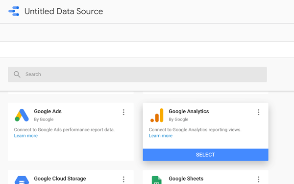 Gebruik Google Data Studio om uw Facebook-advertenties te analyseren, stap 2, optie om Google Analytics als uw gegevensbron te gebruiken