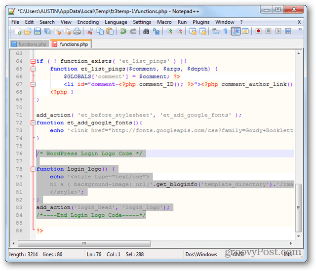 functions.php aangepaste inloglogocode
