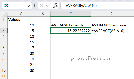 Voorbeeld GEMIDDELDE formule in Excel