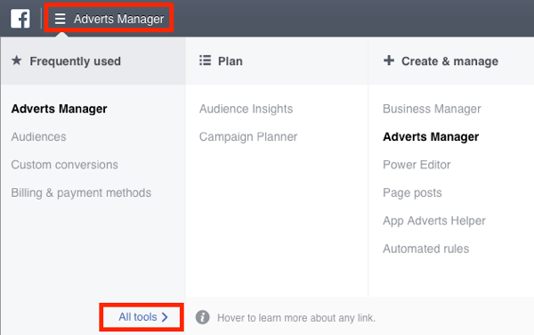 Navigeer naar het menu Facebook Ads Manager en selecteer Alle tools.