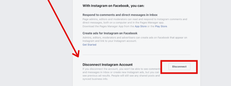 stap 2 voor het loskoppelen van het Instagram-account in de instellingen van de Facebook-pagina