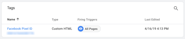 Gebruik Google Tag Manager met Facebook, stap 7, zie de tag genoemd naar uw Facebook Pixel