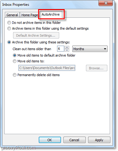 Tabblad voor automatisch archiveren in Outlook 2010