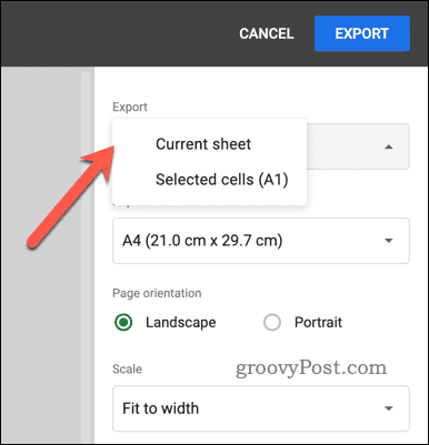 De exportoptie kiezen voor PDF-export in Google Spreadsheets