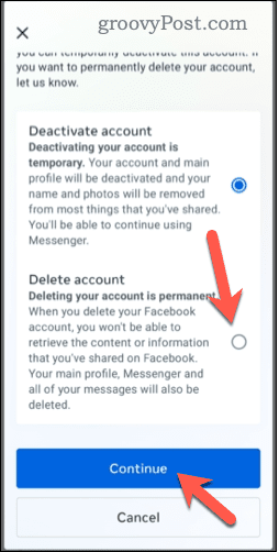 Kiezen om een ​​Facebook-account op mobiel te verwijderen