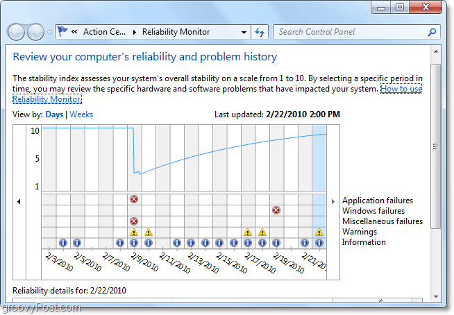 ontdek wanneer een probleem in Windows 7 voor het eerst begint door naar de datums te kijken