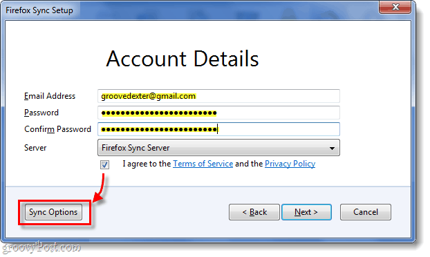 firefox sync accountgegevens invoeren, knop voor synchronisatie-opties