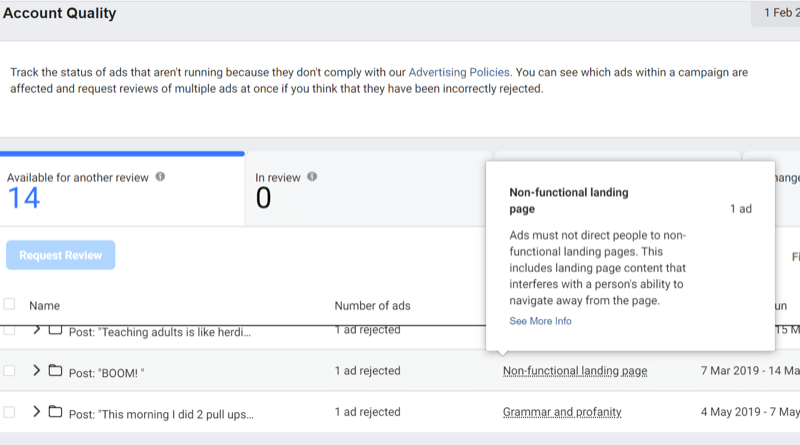 stap 3 van het gebruik van de Facebook Account Quality Tool