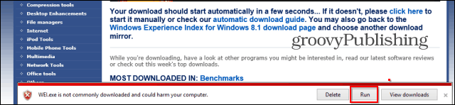 Windows Experience Index downloadwaarschuwing