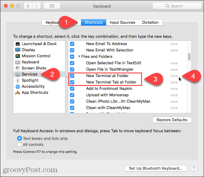 Klik op Geen om een ​​snelkoppeling toe te voegen aan de New Terminal at Folder-service op een Mac