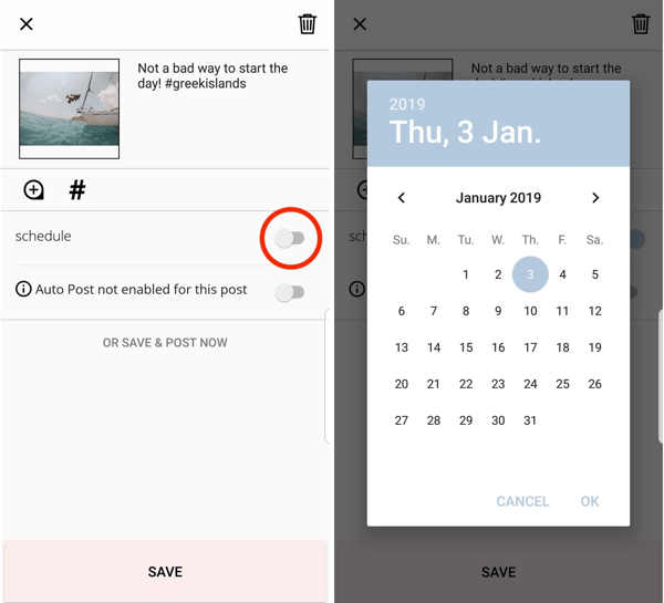 Om je bericht via Planoly te plannen, tik je op de optie om te plannen en selecteer je een datum en tijd.