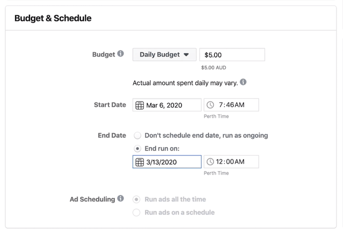 Budget & Schedule sectie op Ad Set-niveau in Facebook Ads Manager
