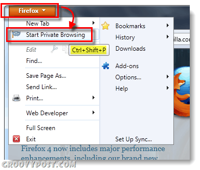 start privé browsen in Firefox 4
