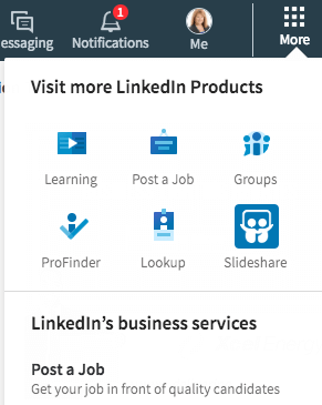U vindt veel directe links in de sectie Meer van LinkedIn. U kunt hier ook een bedrijfspagina aanmaken.